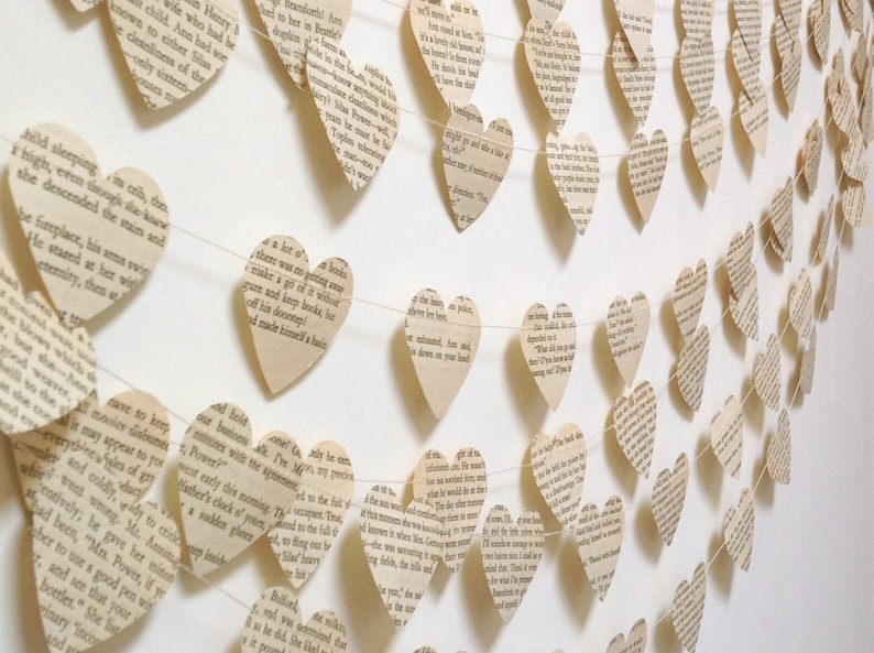 Vintage Paper Hearts Garland, Weddings, Photo Prop, Interior, Choose Your Length, Vintage Book Garland, Heart Garland, Wedding Decor, Hearts image 2