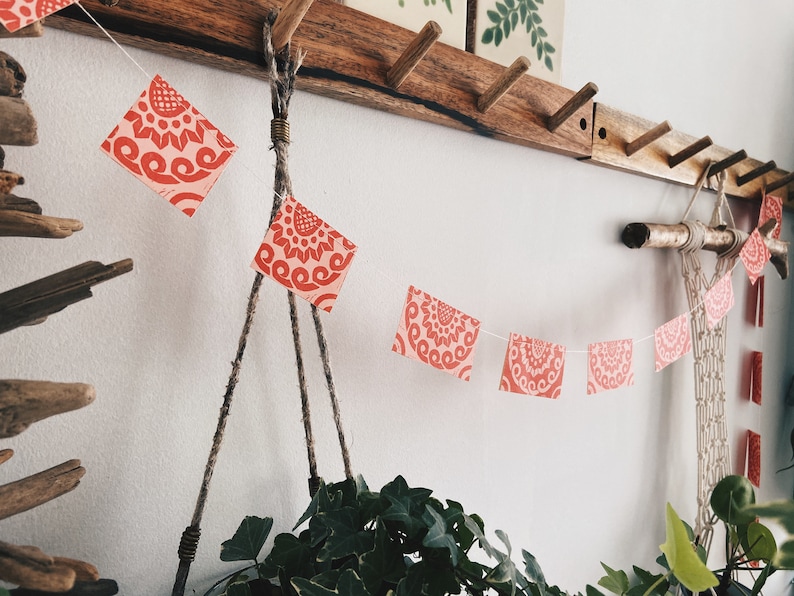 Recycled Paper Garland, Boho Garland, Eco Garland, Party Decoration, Boho Decor, Zoom Backdrop, Party Garland, Red Pink Garland, Block Print image 1