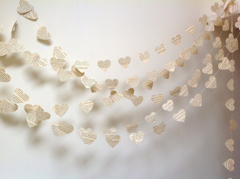 Vintage Paper Hearts Garland, Weddings, Photo Prop, Interior, Choose Your Length, Vintage Book Garland, Heart Garland, Wedding Decor, Hearts image 5