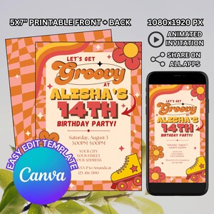 Editable Retro Birthday Party Invitation, Groovy 60s Pink Girls Roller Skating Bday, Disco Hippie Vibes Printable, Digital Animated Template