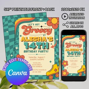 Bearbeitbare Retro-Geburtstagsfeier-Einladung, Groovy 60er Jahre kariertes Rollschuhlaufen Bday Druckbare einladen Digital Download Animierte Canva Vorlage