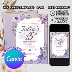 Convite de aniversário floral lilás roxo EDITÁVEL, aniversário de borboleta com flor violeta, festa de 16 anos, aniversário de 15 anos de meninas lavanda, cartão de convite em vídeo