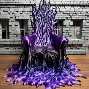 May include: A purple and black throne with a flame-like back and a base that resembles roots. The chair has a detailed design and is set against a backdrop of a gray brick wall.