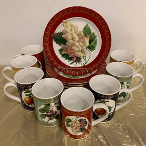 American Atelier Set of 8 Royal Fruit Dessert Plates and 8 Matching Mugs