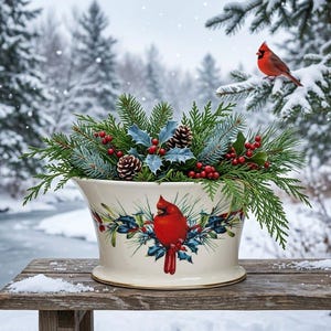 May include: A cream-coloured ceramic bowl featuring a painted red cardinal bird surrounded by holly leaves and berries. The bowl is filled with a festive arrangement of fresh green pine branches, cedar sprigs, pinecones, and clusters of red berries.