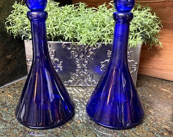 Vintage Italian MCM Glassware Set of 2 Cobalt Blue Genie Decanters