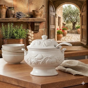 May include: A white ceramic tureen with a matching lid and ladle, featuring embossed fruit and leaf motifs on the exterior. The tureen has two side handles and sits on a pedestal base, accompanied by a stack of three matching white ceramic bowls.