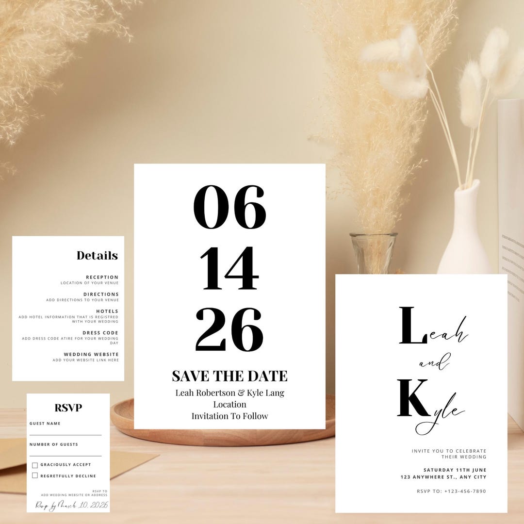 Modern Wedding Invitation Template Set, Minimalist Printable Invite ...