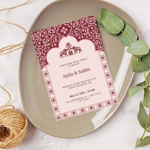 Convites para casamento e recepção indianos e salve as datas, cartão de convite para casamento hindu sikh, cartão de casamento indiano, casamento com elefantes