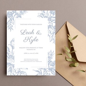 Conjunto de invitación de boda estilo jardín francés en azul regencia inglés Invitación de boda estilo chinoiserie en azul polvoriento Plantilla de invitación de boda estilo Bridgeton en estilo francés Toile