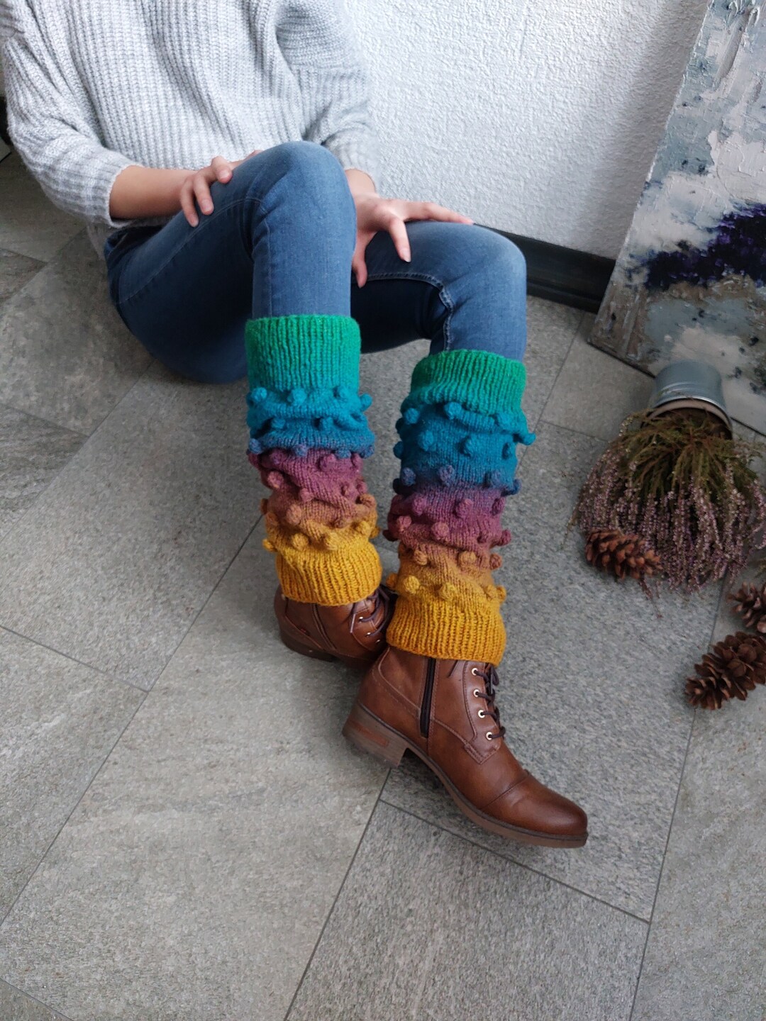 Long Rainbow Leg Warmers Hand Knit Leg Warmers Women Autumn Etsy