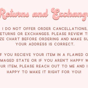 Op de afbeelding: Een lichtroze afbeelding met de woorden "Retourneren en ruilen" in een cursief lettertype. De tekst hieronder legt het beleid van de winkel uit met betrekking tot annuleringen, retourneren en ruilen en moedigt klanten aan om contact op te nemen.