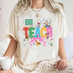 Comfort Colors Coquette Bow Disney Teacher Characters Shirt, Happy Teacher's Day 2025, Coquette Teach, Mickey and friends Teach Shirt