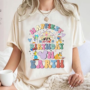 Comfort Colors® Happiest Birthday on Earth Mickey & friends Disney Birthday Shirts, Disney Birthday Trip Shirts, WDW Disneyland Birthday Tee