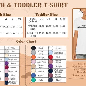 Op de afbeelding: Een maat- en kleurenkaart voor t-shirts voor kinderen en peuters. Maten in inches, met breedtes van 30,48 cm tot 46,30 cm en lengtes van 39,37 cm tot 61,89 cm. Kleuropties zijn zwart, rood en marineblauw. De afbeelding toont ook een t-shirt.