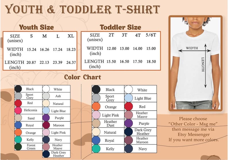 Op de afbeelding: Een maat- en kleurenkaart voor t-shirts voor kinderen en peuters. Maten in inches, met breedtes van 30,48 cm tot 46,30 cm en lengtes van 39,37 cm tot 61,89 cm. Kleuropties zijn zwart, rood en marineblauw. De afbeelding toont ook een t-shirt.