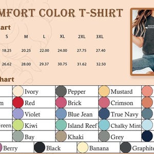 Op de afbeelding: Afbeelding van een Comfort Color T-shirt maat- en kleurentabel. De tabel bevat maten S tot en met 3XL, met breedtematen van 46,35 tot 70,49 cm en lengtematen van 67,62 tot 82,55 cm. Een kleurentabel toont verschillende kleuren.
