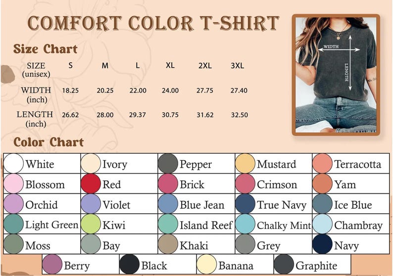 Op de afbeelding: Afbeelding van een Comfort Color T-shirt maat- en kleurentabel. De tabel bevat maten S tot en met 3XL, met breedtematen van 46,35 tot 70,49 cm en lengtematen van 67,62 tot 82,55 cm. Een kleurentabel toont verschillende kleuren.