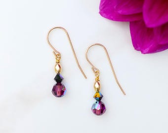 Purple & Black Crystal on Gold Earwire Earrings