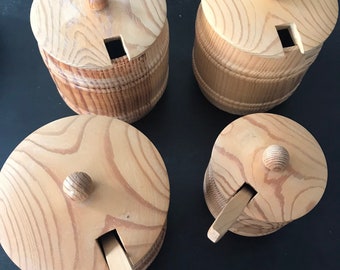 Swedish marmalade pots made of turned wood with glass inserts