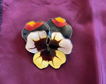 David Anderson multi coloured pansy flower guilloche enamel brooch