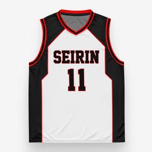 May include: A white basketball jersey with black and red accents. The jersey features the word "SEIRIN" in black block letters above the number "11" in red. The jersey has a V-neck collar and black side panels.