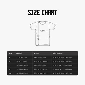 Op de afbeelding: Maattabel voor een T-shirt met afmetingen in inches en centimeters. De tabel toont de lengte, breedte en de aanbevolen hoogte voor elke maat: S, M, L, XL en XXL.