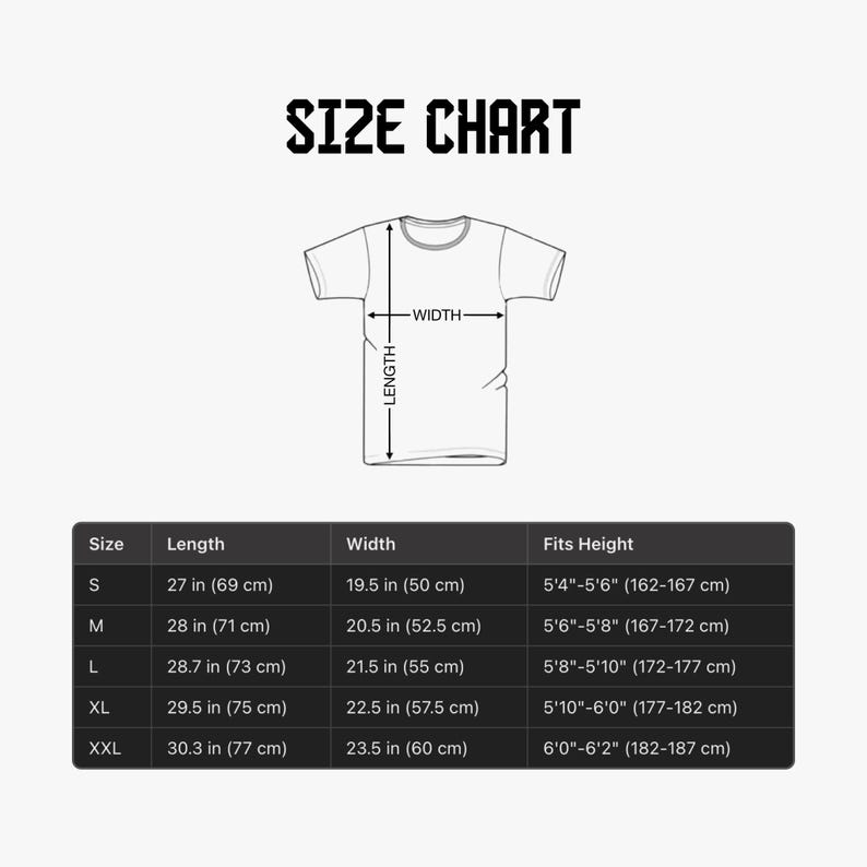 Op de afbeelding: Maattabel voor een T-shirt met afmetingen in inches en centimeters. De tabel toont de lengte, breedte en de aanbevolen hoogte voor elke maat: S, M, L, XL en XXL.