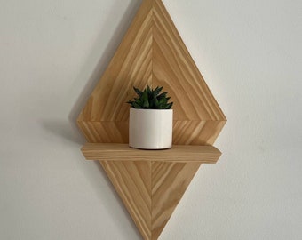 Natural Wood Floating Geometric Rhombus Wall Shelf for Decor Display - Wall Decor