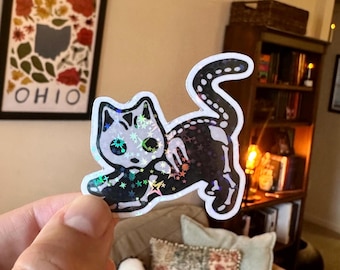 Holographic Skeleton Cat Spooky Halloween Sticker
