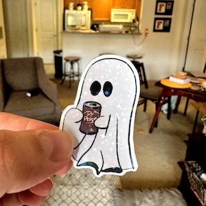 Holographic Ghost Sticker: Spooky Dr. Pepper, Handmade Vinyl