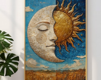 Sun and Moon Wall Art, Celestial Decor, Gold and Blue Sun Painting, Textured Sky Art, Day and Night Theme, Equinox Symbol