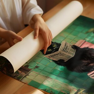 May include: A black cat sitting on a pink toilet seat, reading a newspaper titled "The Chronicle" with the headline "Subway Robbery At 114th Street". The cat is sitting on a green and white tiled floor.