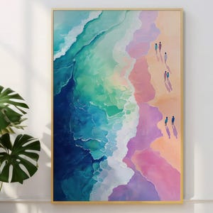 Colorful Coastal Beach Art Print, Vibrant Seascape Poster, Ocean Walk Wall Art