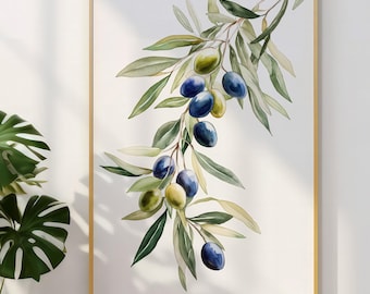 Olivenzweig Print Olivenbaum Aquarell Malerei Küchenwand Aquarell Olivenzweig Wand Kunst Botanisches Poster Print