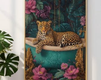 Maximalist wall art, Printable eclectic wall art, Feminist Wall Decor, Eclectic Leopard in Bathtub Wall Art, Jungle Animal Print.