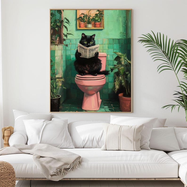 May include: A black cat sits on a pink toilet in a green tiled bathroom, reading a newspaper titled "Chronicle".