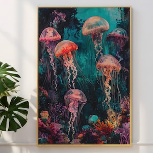 Póster vintage de medusas, impresión artística del océano, arte mural de vida marina, decoración náutica, arte botánico