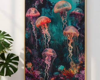 Vintage Jellyfish Poster, Ocean Art Print, Marine Wildlife Wall Art, Nautical Decor, Botanical Art