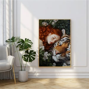 May include: A painting of a woman with long red hair sleeping with her head resting on a tiger's head. The tiger has orange and black stripes and is surrounded by green leaves and white flowers.