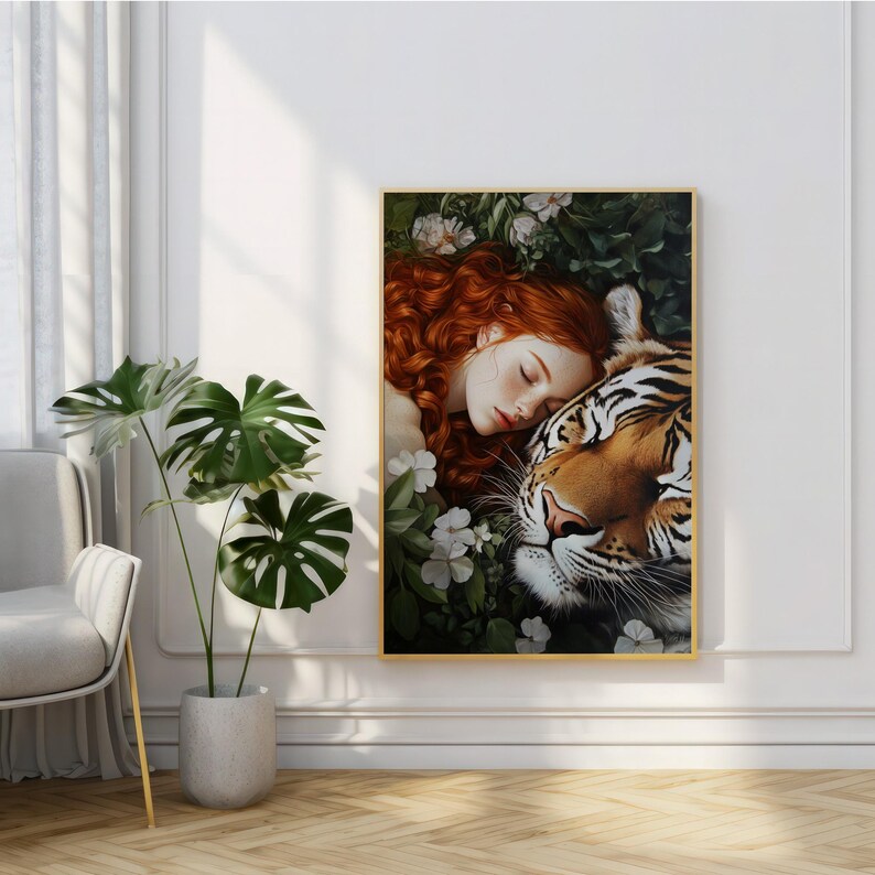 May include: A painting of a woman with long red hair sleeping with her head resting on a tiger's head. The tiger has orange and black stripes and is surrounded by green leaves and white flowers.