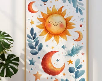 Póster de sol sonriente, decoración de sala de juegos con sol, impresiones para guardería, arte de pared para guardería, arte de pared con sol, decoración de habitación de niñas, descarga digital
