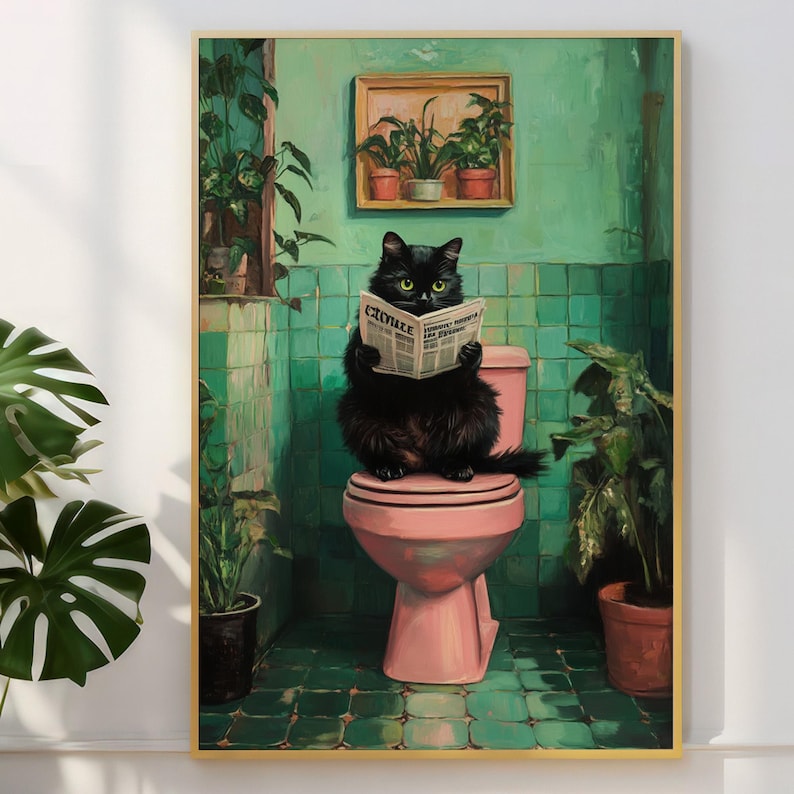 May include: A black cat sits on a pink toilet in a bathroom with green tile walls and reads a newspaper titled "Gazette".