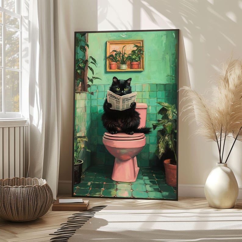 May include: A black cat sitting on a pink toilet in a bathroom with green tile walls. The cat is reading a newspaper titled "Chronicle".
