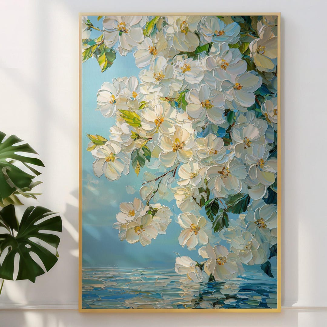 ハン・ビー 　風水画　油絵　絵画　白い花　新品未使用　 45×45㎝ 水に浮かぶ白い花束のインパストアートプリント、パレットナイフの質感