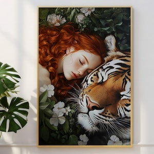 May include: A painting of a woman with long red hair sleeping next to a tiger. The woman is wearing a white dress and the tiger is lying on its side. The background is a lush green forest with white flowers.