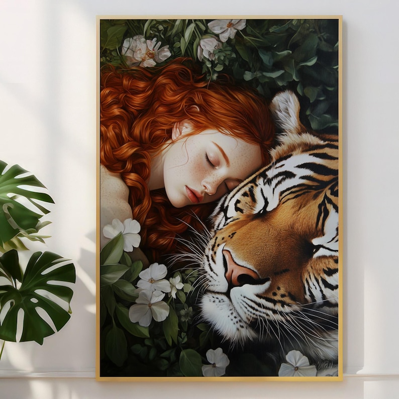 May include: A painting of a woman with long red hair sleeping next to a tiger. The woman is wearing a white dress and the tiger is lying on its side. The background is a lush green forest with white flowers.