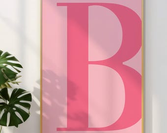 Cartaz da letra B, arte de parede rosa, impressão fofa do alfabeto rosa, decoração de dormitório, decoração de quarto elegante