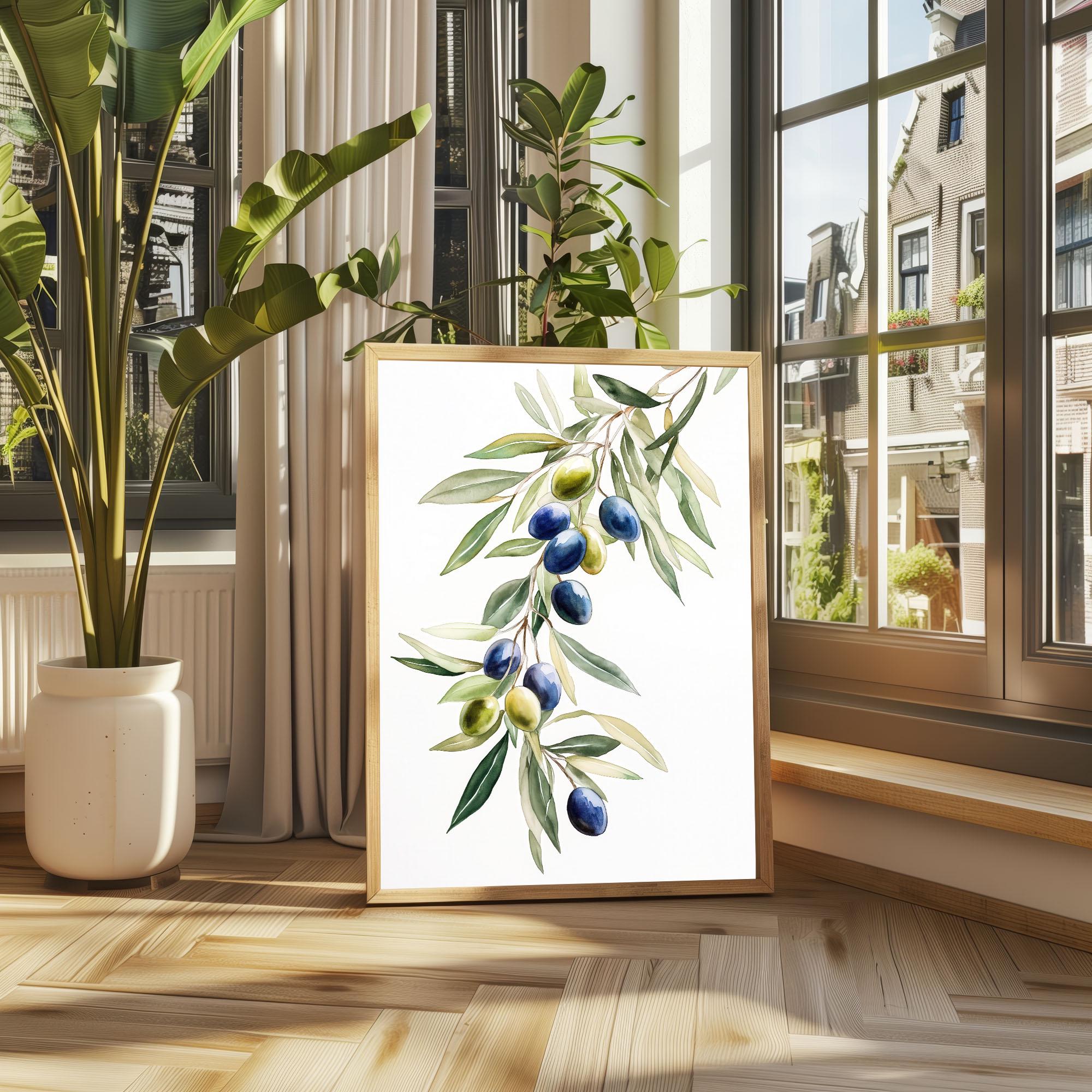 オリーブの枝のプリント オリーブの木の水彩画 キッチンの壁 水彩