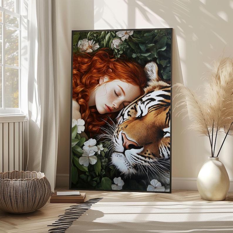 May include: A painting of a woman with long red hair sleeping with her head resting on a tiger's head. The tiger has black stripes and a white background. The woman is wearing a white dress and has her eyes closed. The background is a lush green forest with white flowers.